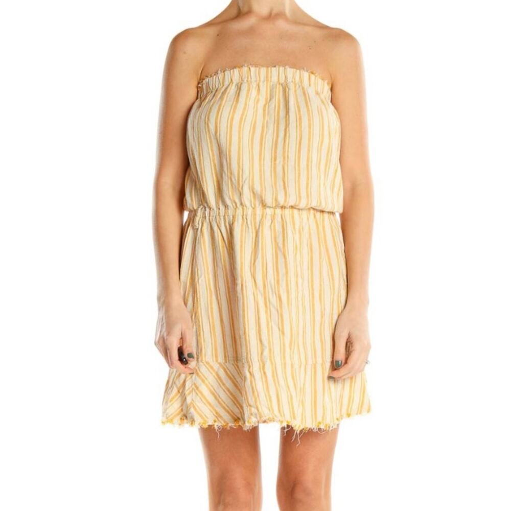 Cloth and Stone Yellow Cream Striped Casual Strapless Linen Blend Dress M